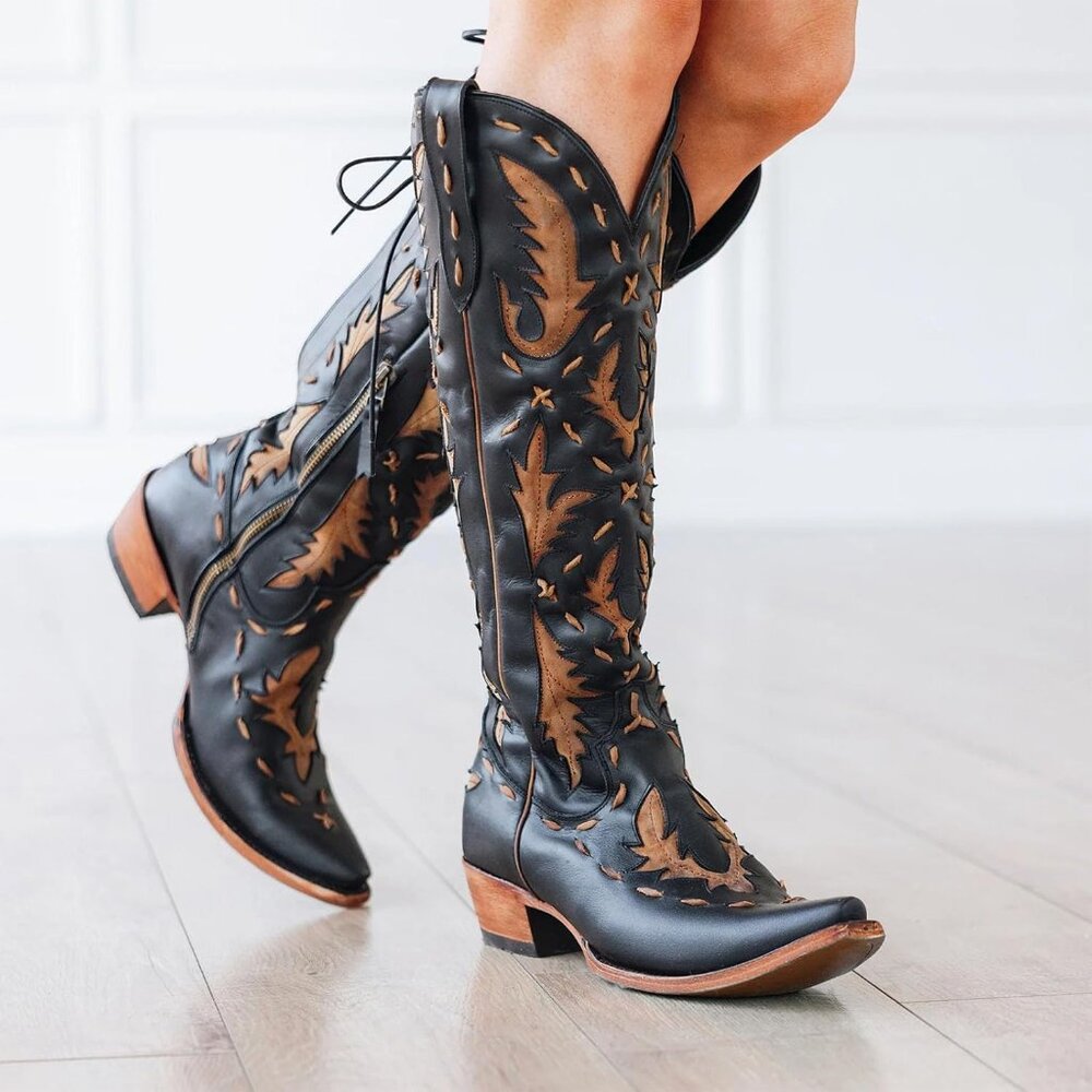 Women's Black Pointed Toe Zipper Cowgirl Boots Lace up Chunky Heel Western Boots - Picture 2 of 7